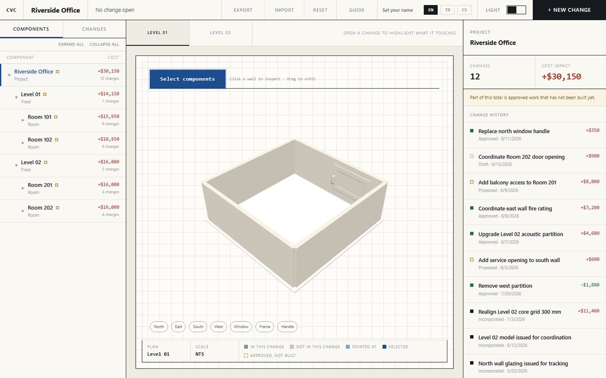 Construction Version Control: component tree, 3D floor plan, and change history